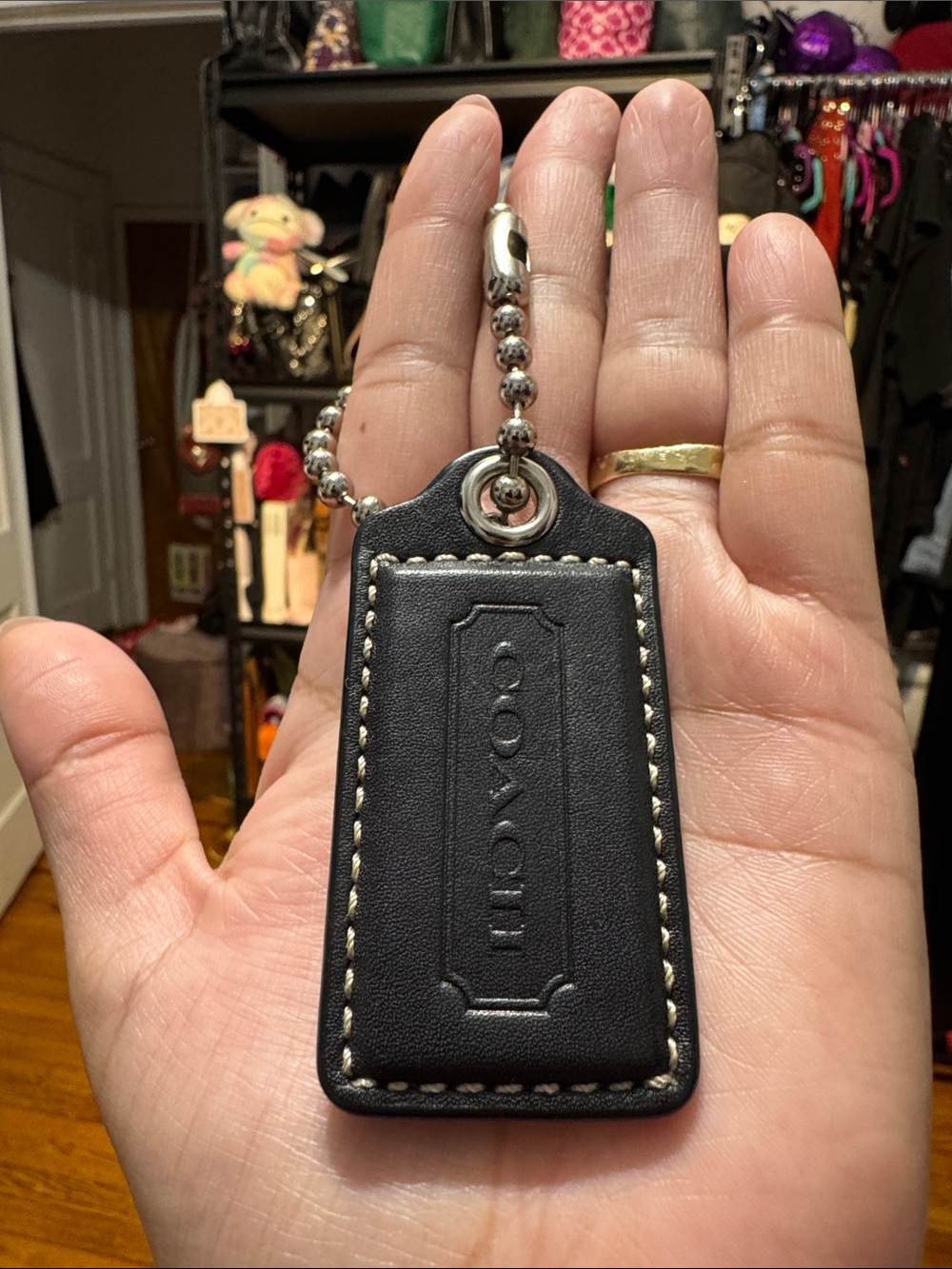 Coach Black Leather hangtag with Silver Ball Chain